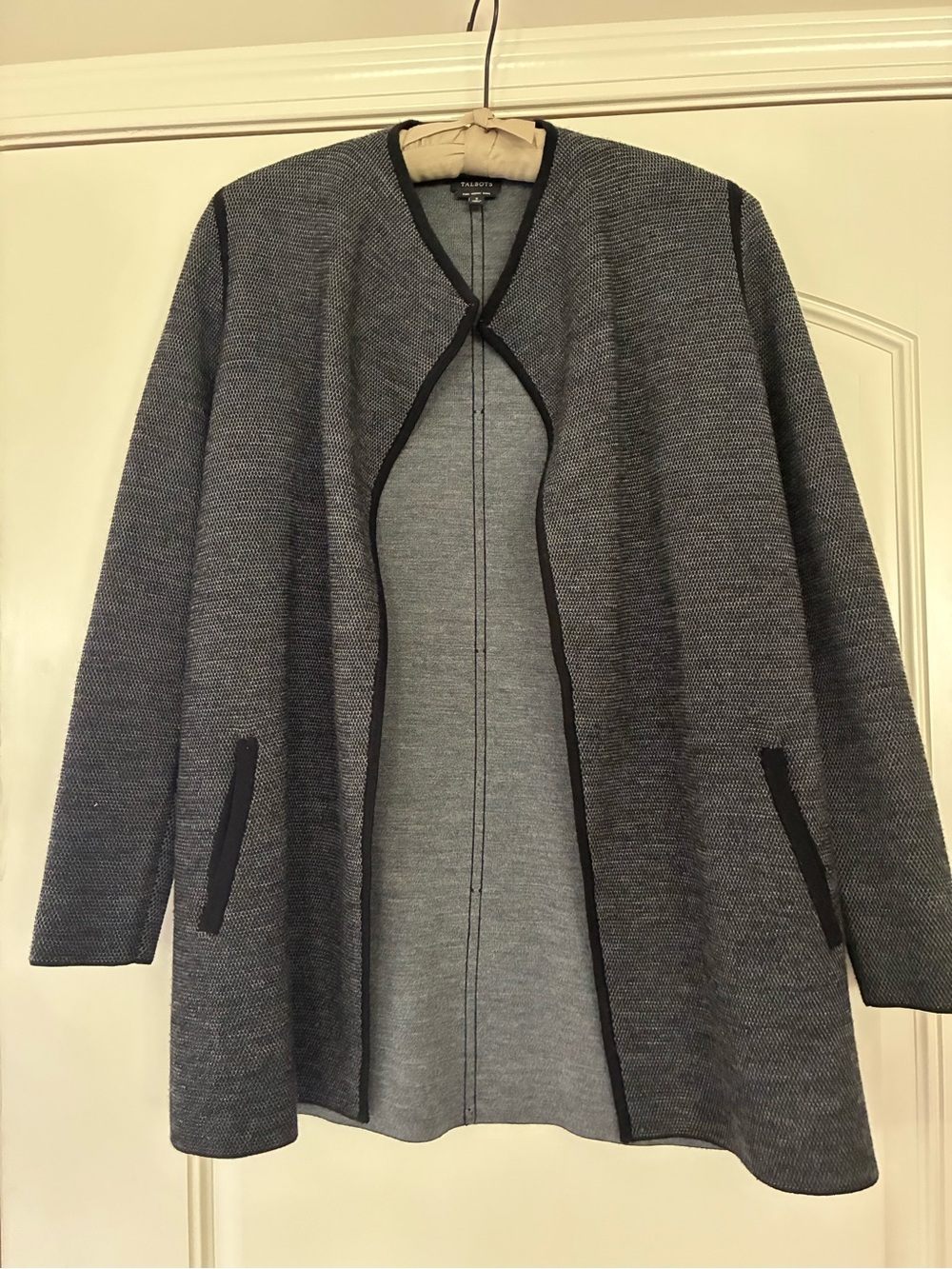 Talbots Gray Open-Front Knit Coatigan with Black Trim